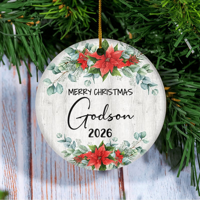 Merry Christmas Godson 2025 Ornament New Godson Farmhouse Rustic Gray Wood Deep Red Poinsettia Flower Decoration Christmas Tree Ornament | siriusteestore