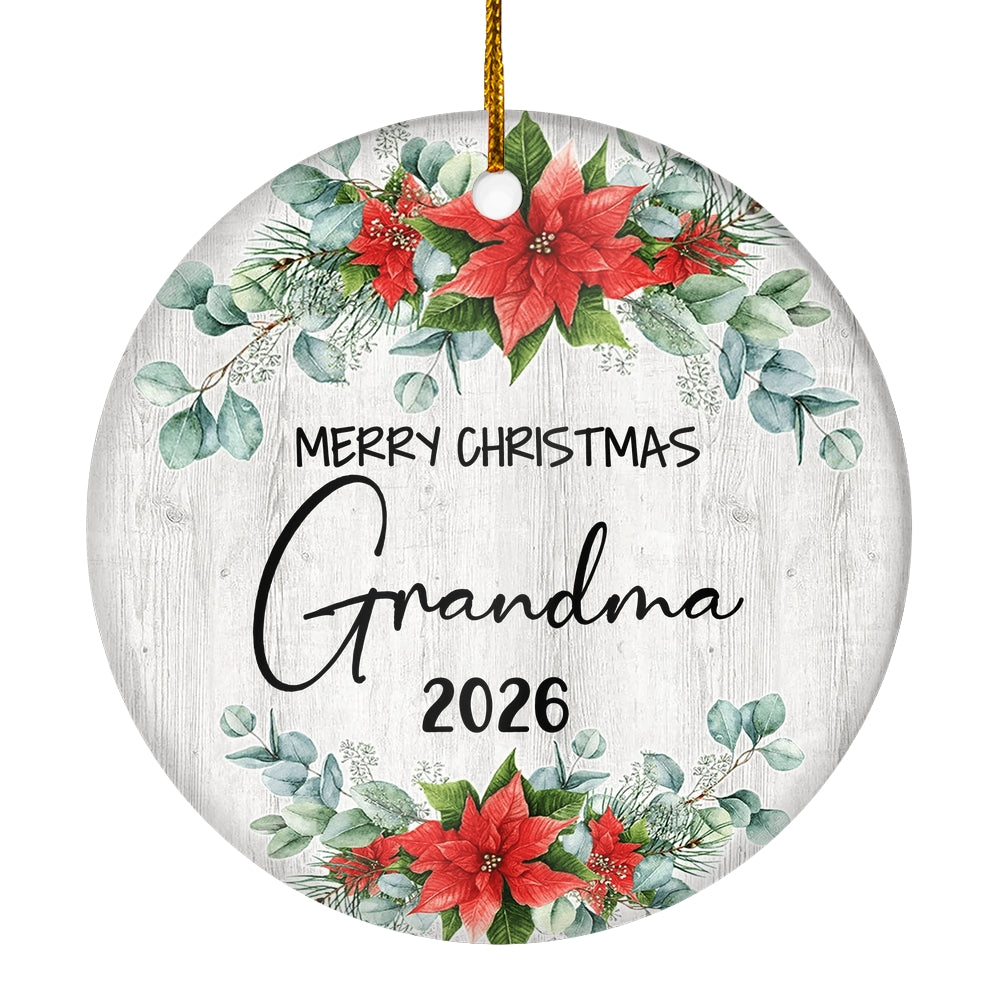 Merry Christmas Grandma 2025 Ornament New Grandma Farmhouse Rustic Gray Wood Deep Red Poinsettia Flower Decoration Christmas Tree Ornament | siriusteestore