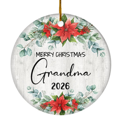 Merry Christmas Grandma 2025 Ornament New Grandma Farmhouse Rustic Gray Wood Deep Red Poinsettia Flower Decoration Christmas Tree Ornament | siriusteestore
