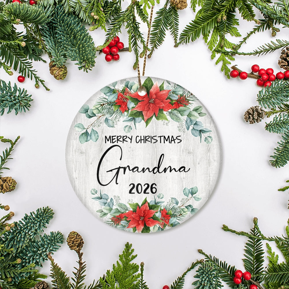 Merry Christmas Grandma 2025 Ornament New Grandma Farmhouse Rustic Gray Wood Deep Red Poinsettia Flower Decoration Christmas Tree Ornament | siriusteestore