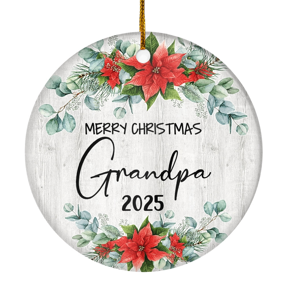 Merry Christmas Grandpa 2024 Ornament New Grandpa Farmhouse Rustic Gray Wood Deep Red Poinsettia Flower Decoration Christmas Tree Ornament | siriusteestore
