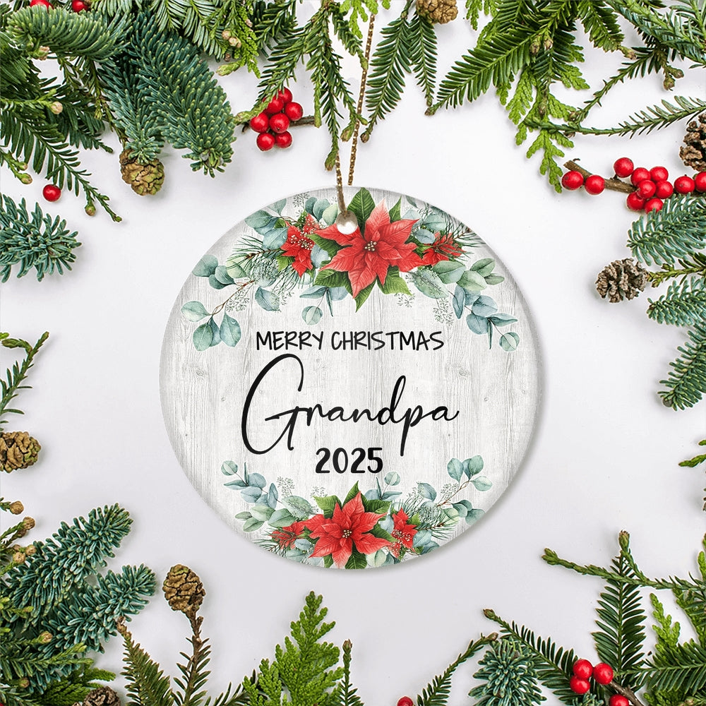 Merry Christmas Grandpa 2024 Ornament New Grandpa Farmhouse Rustic Gray Wood Deep Red Poinsettia Flower Decoration Christmas Tree Ornament | siriusteestore