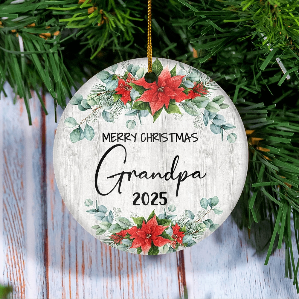 Merry Christmas Grandpa 2024 Ornament New Grandpa Farmhouse Rustic Gray Wood Deep Red Poinsettia Flower Decoration Christmas Tree Ornament | siriusteestore