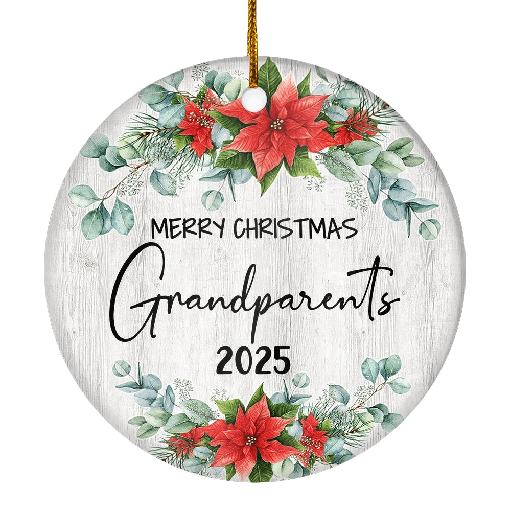 Merry Christmas Grandparents 2024 Ornament New GrandGrandparents Farmhouse Rustic Gray Wood Deep Red Poinsettia Flower Decoration Christmas Tree Ornament | siriusteestore
