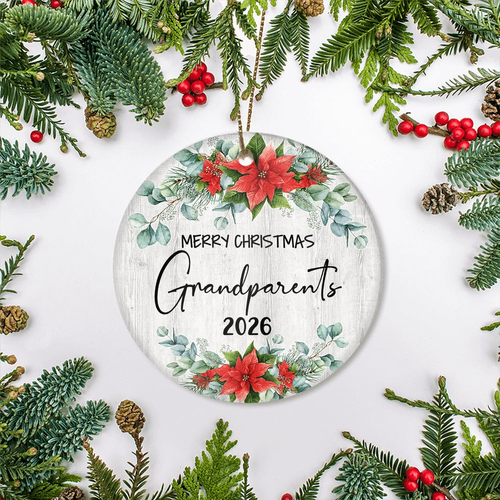 Merry Christmas Grandparents 2025 Ornament New GrandGrandparents Farmhouse Rustic Gray Wood Deep Red Poinsettia Flower Decoration Christmas Tree Ornament | siriusteestore