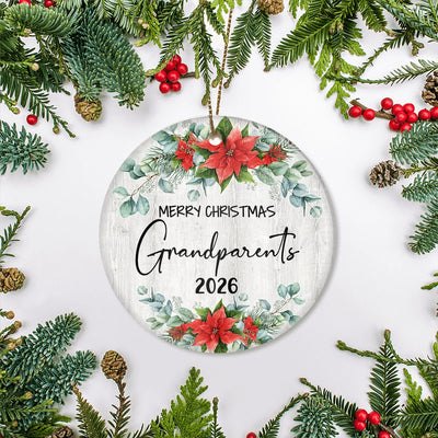Merry Christmas Grandparents 2025 Ornament New GrandGrandparents Farmhouse Rustic Gray Wood Deep Red Poinsettia Flower Decoration Christmas Tree Ornament | siriusteestore