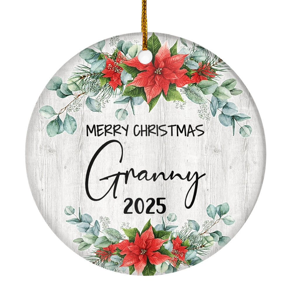 Merry Christmas Granny 2024 Ornament New Granny Farmhouse Rustic Gray Wood Deep Red Poinsettia Flower Decoration Christmas Tree Ornament | siriusteestore