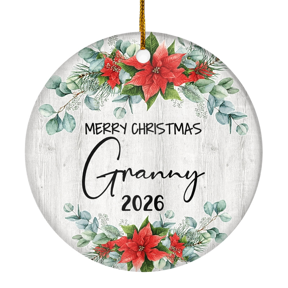 Merry Christmas Granny 2025 Ornament New Granny Farmhouse Rustic Gray Wood Deep Red Poinsettia Flower Decoration Christmas Tree Ornament | siriusteestore