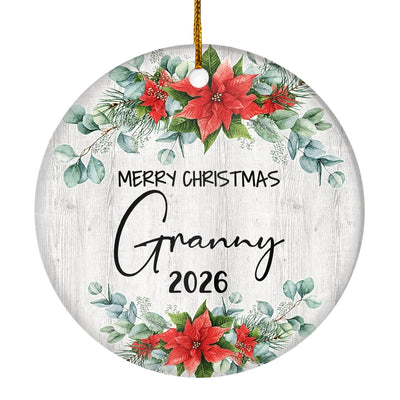 Merry Christmas Granny 2025 Ornament New Granny Farmhouse Rustic Gray Wood Deep Red Poinsettia Flower Decoration Christmas Tree Ornament | siriusteestore