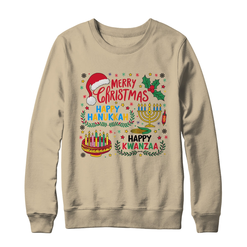 Merry Christmas Happy Hanukkah And Happy Kwanzaa Shirt & Sweatshirt | siriusteestore