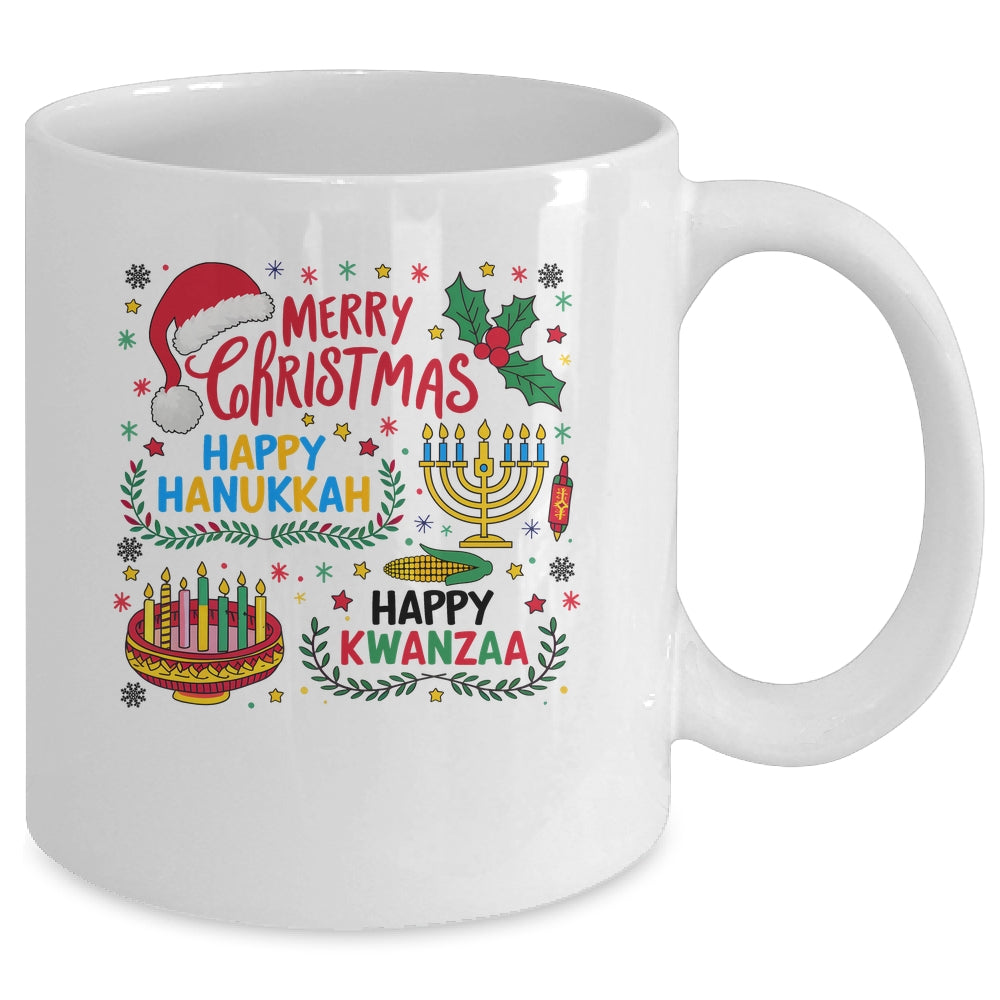 Merry Christmas Happy Hanukkah And Happy Kwanzaa Mug | siriusteestore