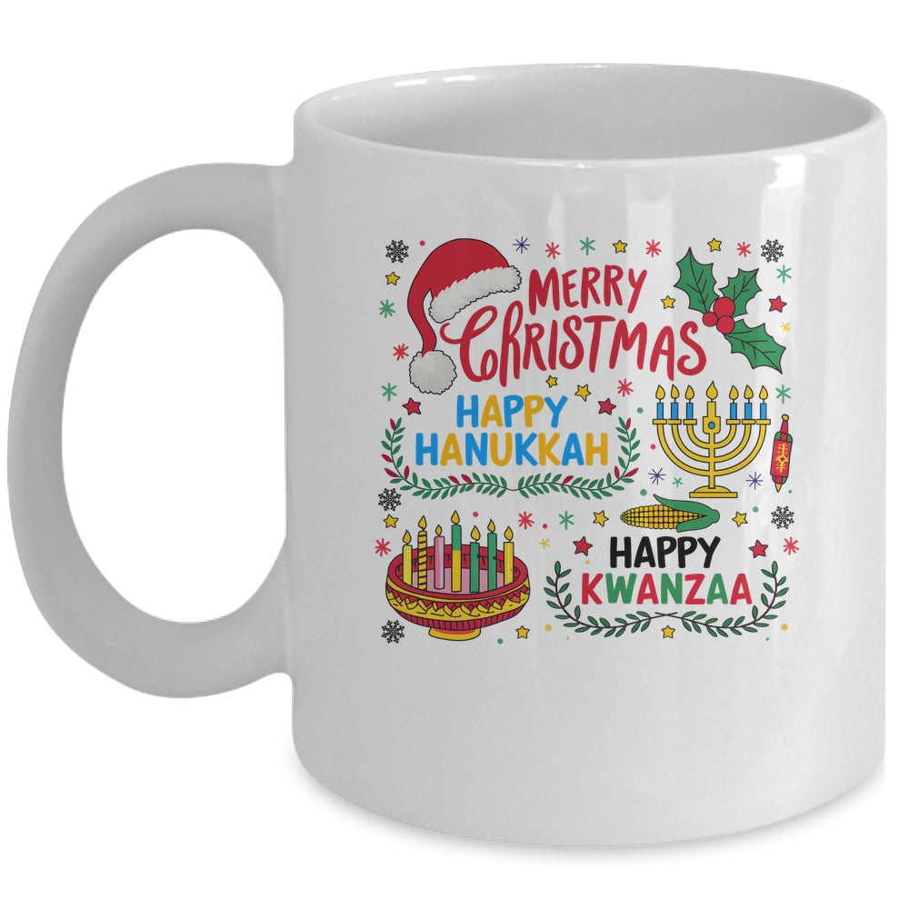 Merry Christmas Happy Hanukkah And Happy Kwanzaa Mug | siriusteestore