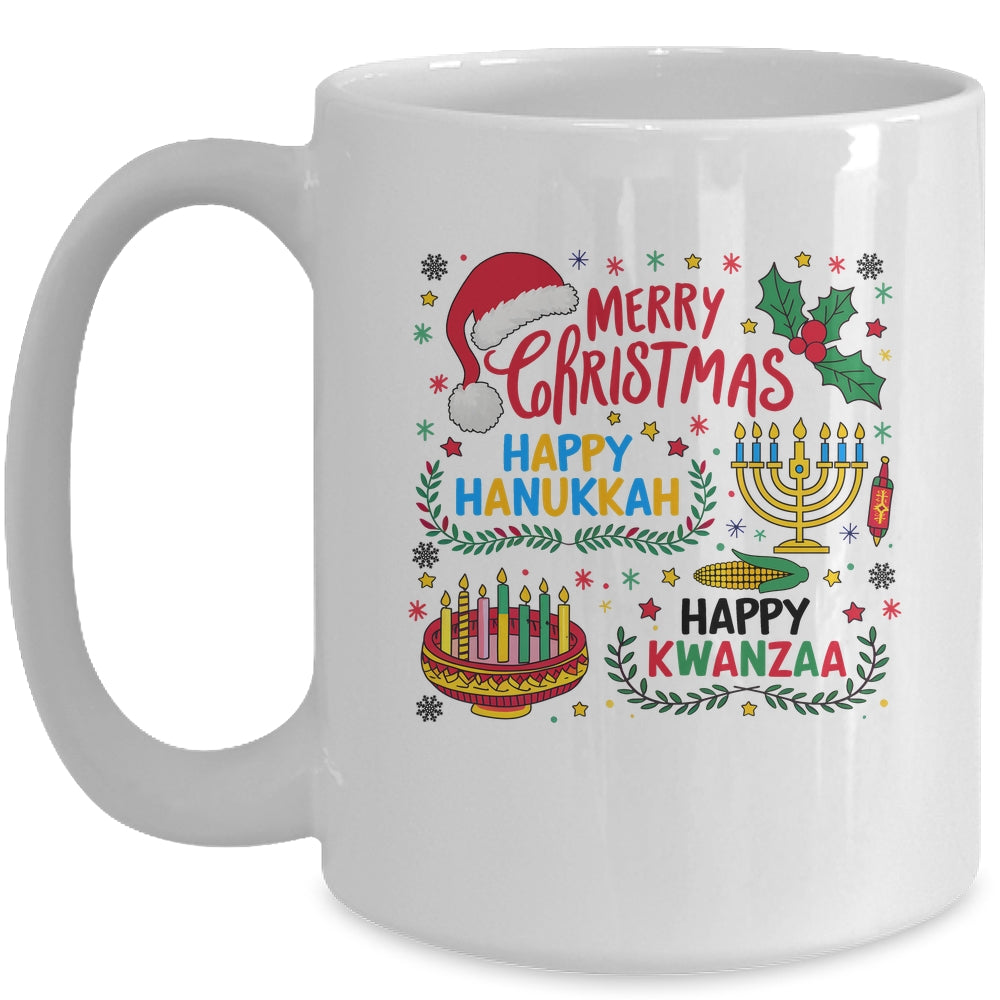 Merry Christmas Happy Hanukkah And Happy Kwanzaa Mug | siriusteestore
