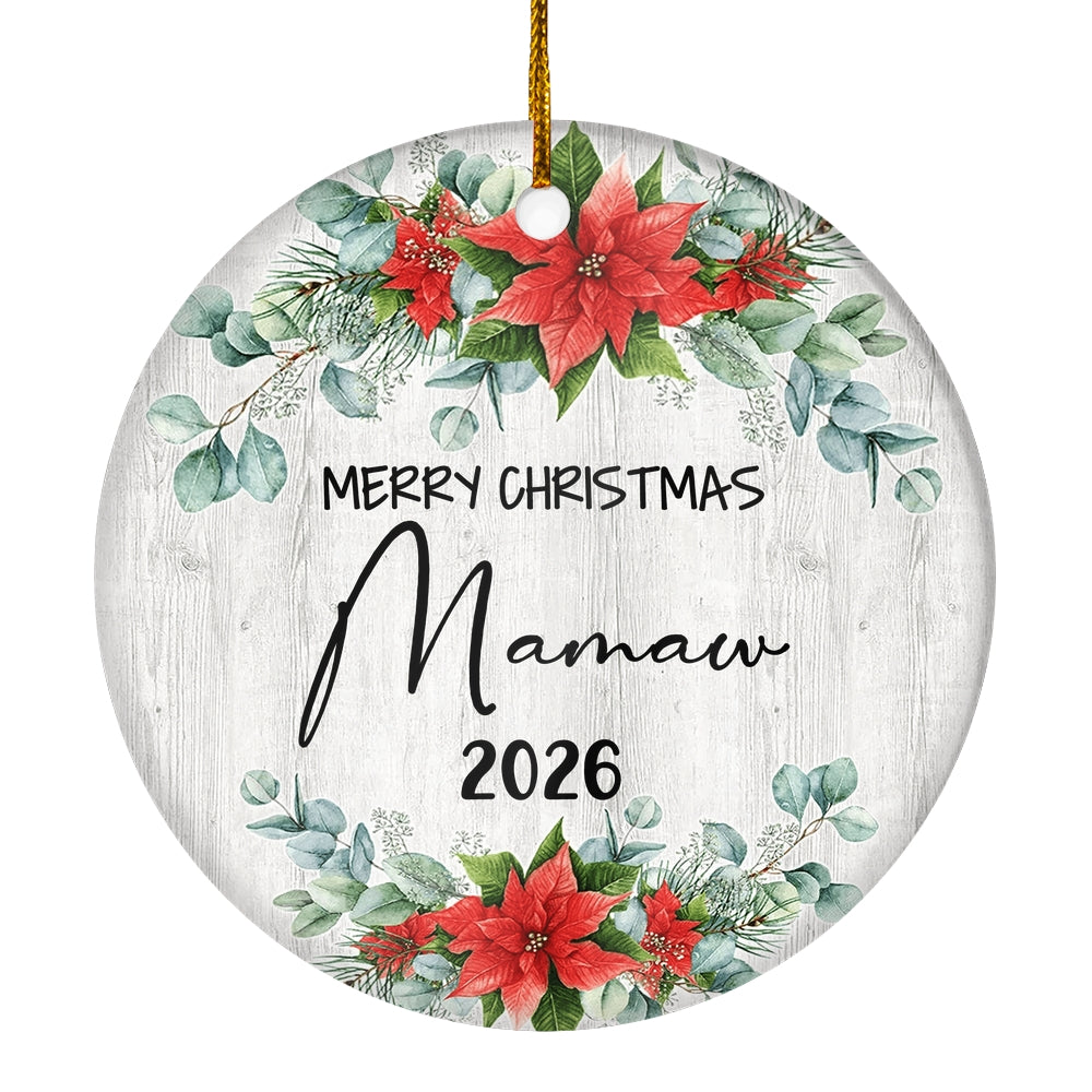 Merry Christmas Mamaw 2025 Ornament New Mamaw Farmhouse Rustic Gray Wood Deep Red Poinsettia Flower Decoration Christmas Tree Ornament | siriusteestore