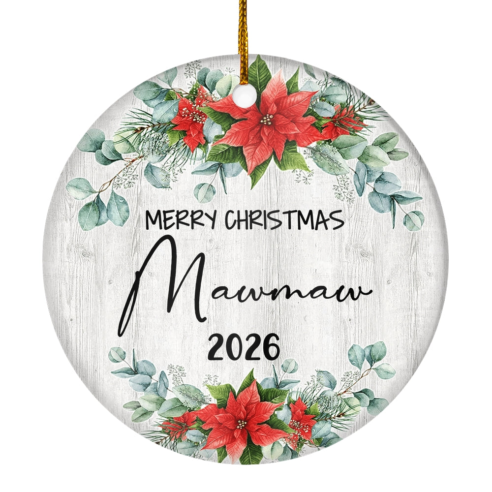 Merry Christmas Mawmaw 2025 Ornament New Mawmaw Farmhouse Rustic Gray Wood Deep Red Poinsettia Flower Decoration Christmas Tree Ornament | siriusteestore