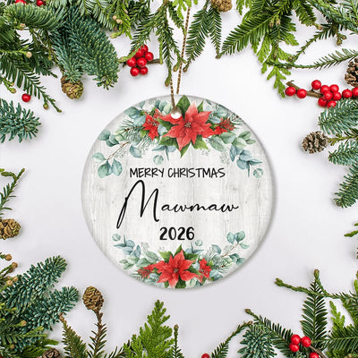 Merry Christmas Mawmaw 2025 Ornament New Mawmaw Farmhouse Rustic Gray Wood Deep Red Poinsettia Flower Decoration Christmas Tree Ornament | siriusteestore
