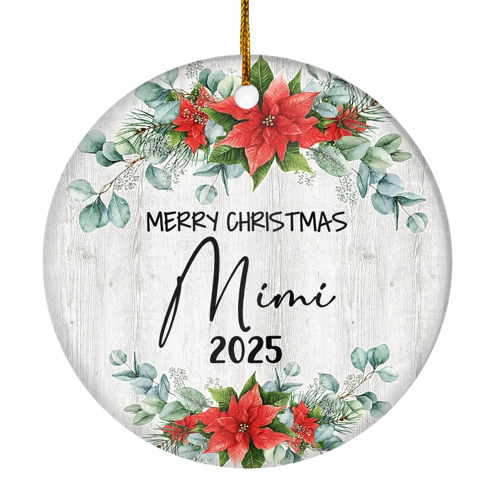 Merry Christmas Mimi 2024 Ornament New Mimi Farmhouse Rustic Gray Wood Deep Red Poinsettia Flower Decoration Christmas Tree Ornament | siriusteestore