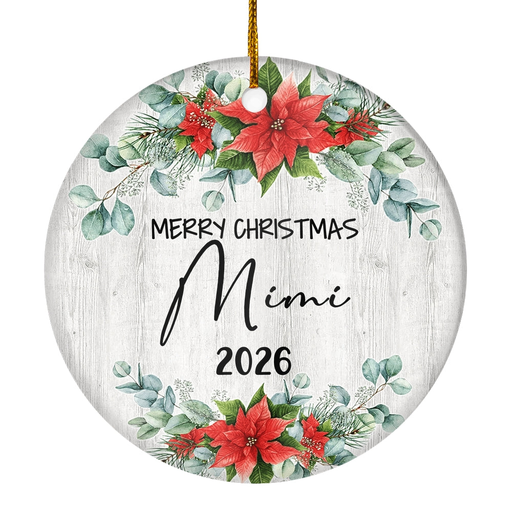 Merry Christmas Mimi 2025 Ornament New Mimi Farmhouse Rustic Gray Wood Deep Red Poinsettia Flower Decoration Christmas Tree Ornament | siriusteestore