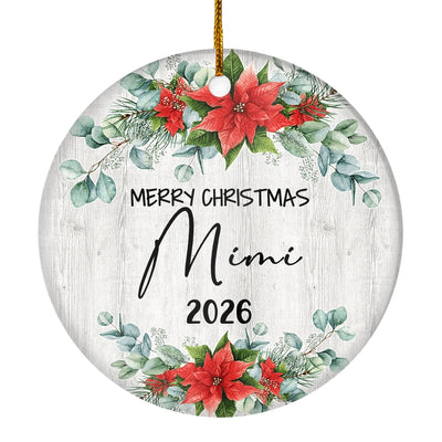 Merry Christmas Mimi 2025 Ornament New Mimi Farmhouse Rustic Gray Wood Deep Red Poinsettia Flower Decoration Christmas Tree Ornament | siriusteestore