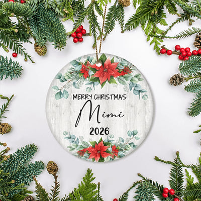 Merry Christmas Mimi 2025 Ornament New Mimi Farmhouse Rustic Gray Wood Deep Red Poinsettia Flower Decoration Christmas Tree Ornament | siriusteestore