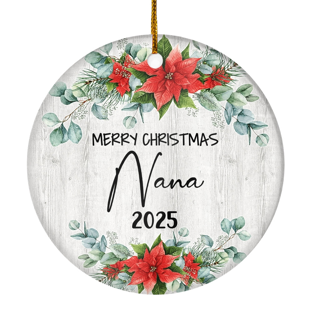 Merry Christmas Nana 2024 Ornament New Nana Farmhouse Rustic Gray Wood Deep Red Poinsettia Flower Decoration Christmas Tree Ornament | siriusteestore