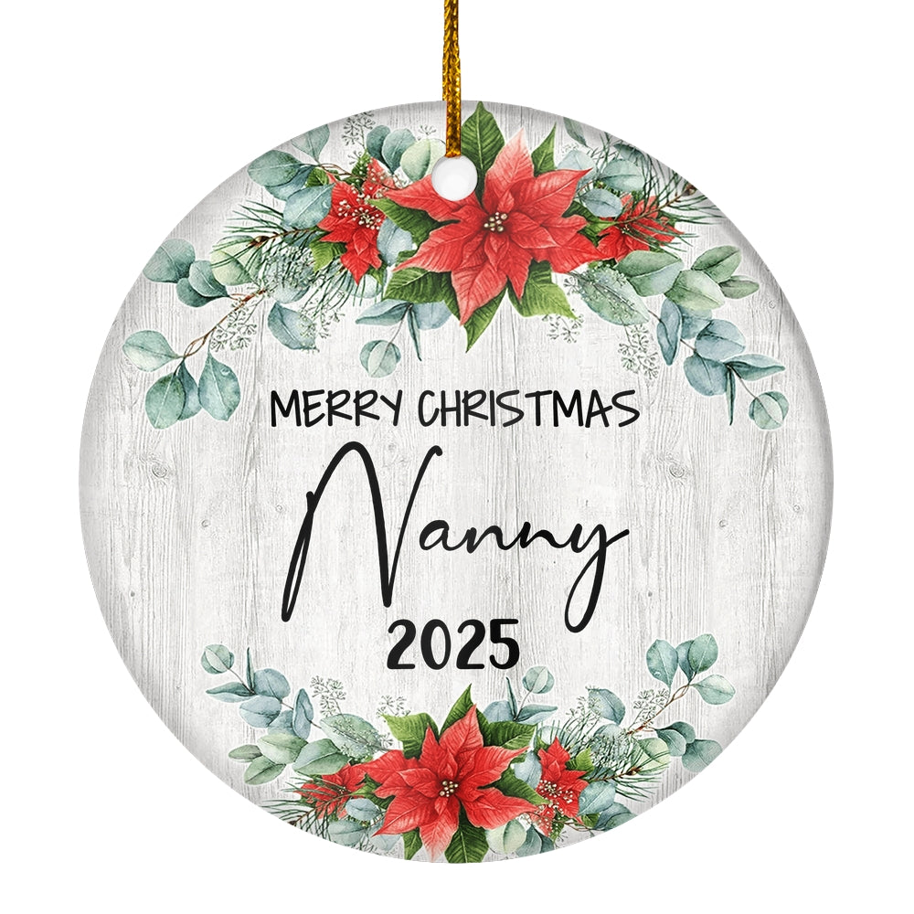 Merry Christmas Nanny 2024 Ornament New Nanny Farmhouse Rustic Gray Wood Deep Red Poinsettia Flower Decoration Christmas Tree Ornament | siriusteestore