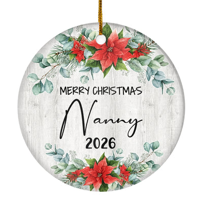 Merry Christmas Nanny 2025 Ornament New Nanny Farmhouse Rustic Gray Wood Deep Red Poinsettia Flower Decoration Christmas Tree Ornament | siriusteestore