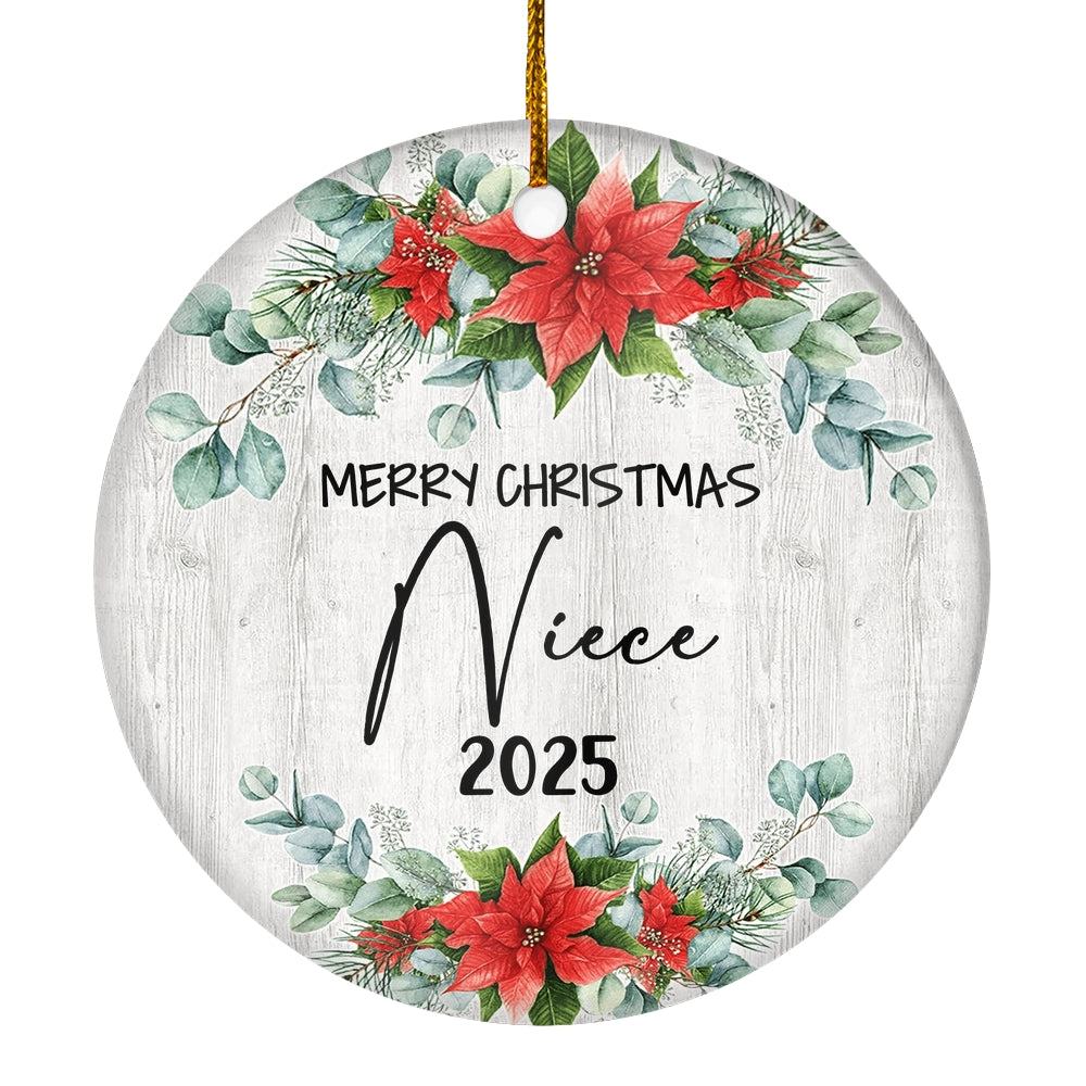 Merry Christmas Niece 2024 Ornament New Niece Farmhouse Rustic Gray Wood Deep Red Poinsettia Flower Decoration Christmas Tree Ornament | siriusteestore