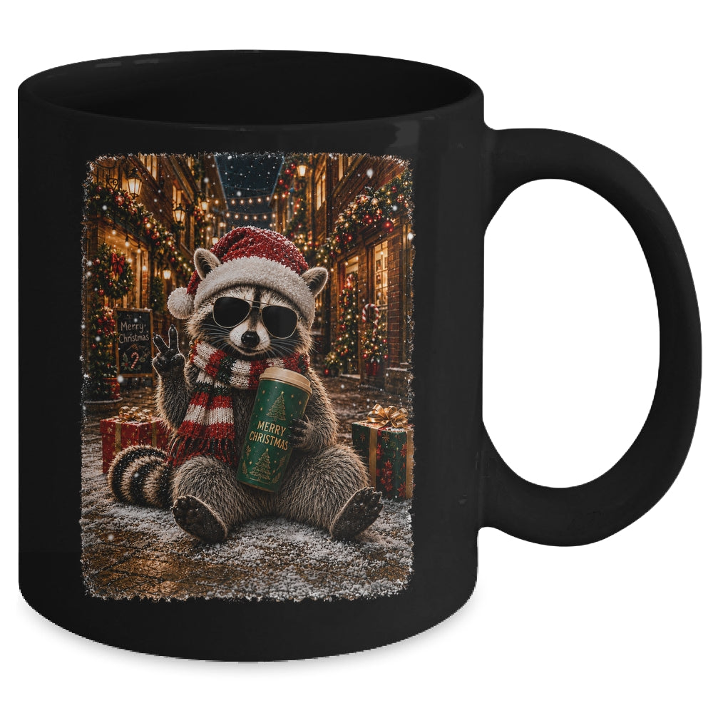 Merry Christmas Raccoon Cute Raccoon Drinking Iced Coffee Mug | siriusteestore