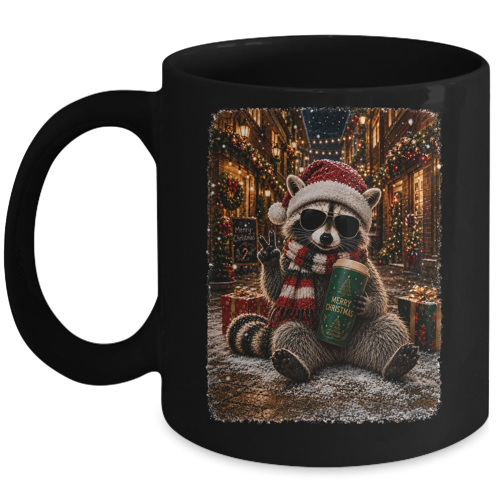 Merry Christmas Raccoon Cute Raccoon Drinking Iced Coffee Mug | siriusteestore