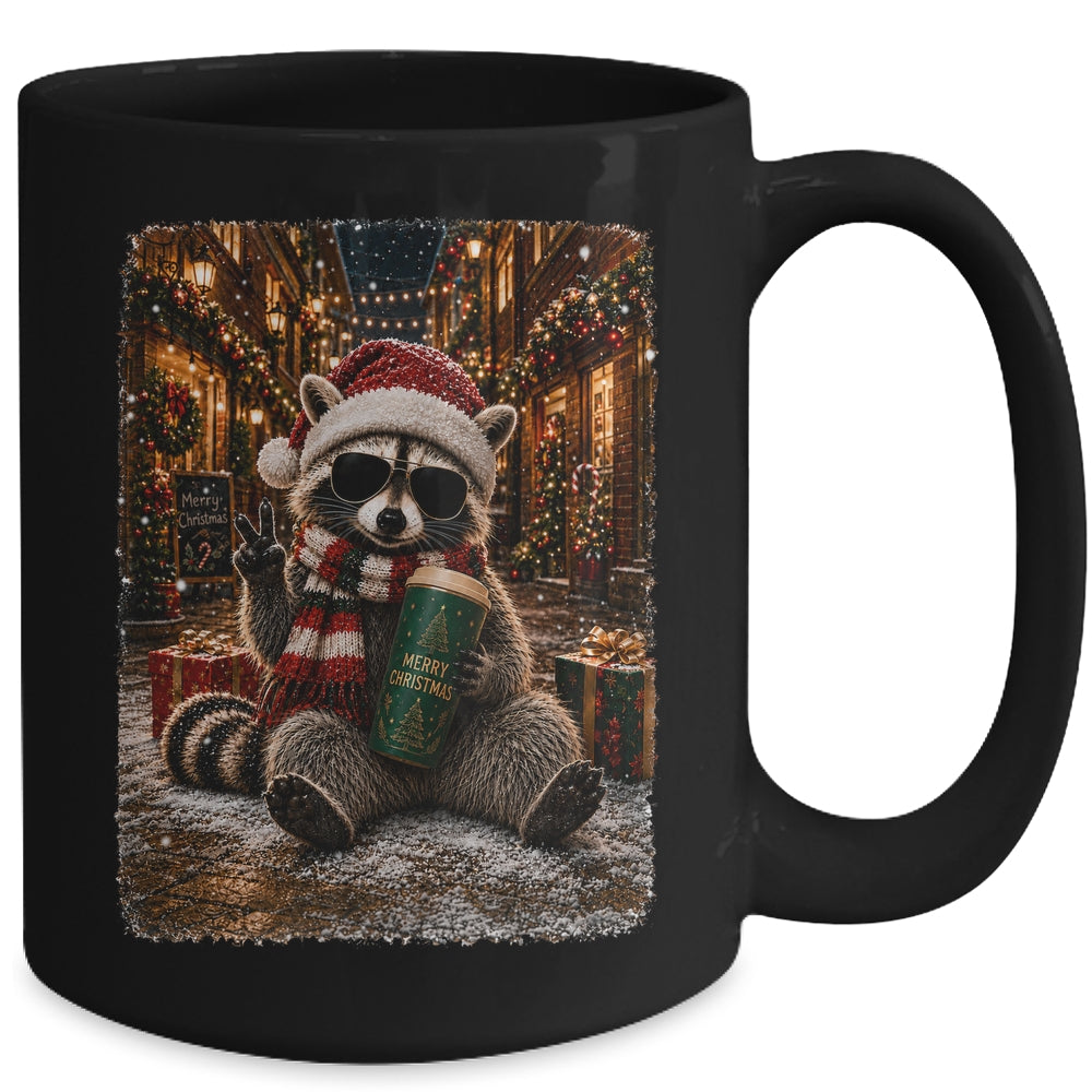 Merry Christmas Raccoon Cute Raccoon Drinking Iced Coffee Mug | siriusteestore