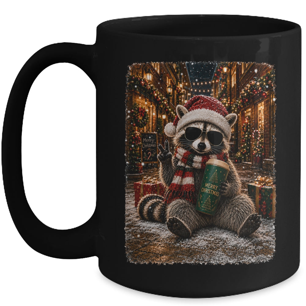 Merry Christmas Raccoon Cute Raccoon Drinking Iced Coffee Mug | siriusteestore