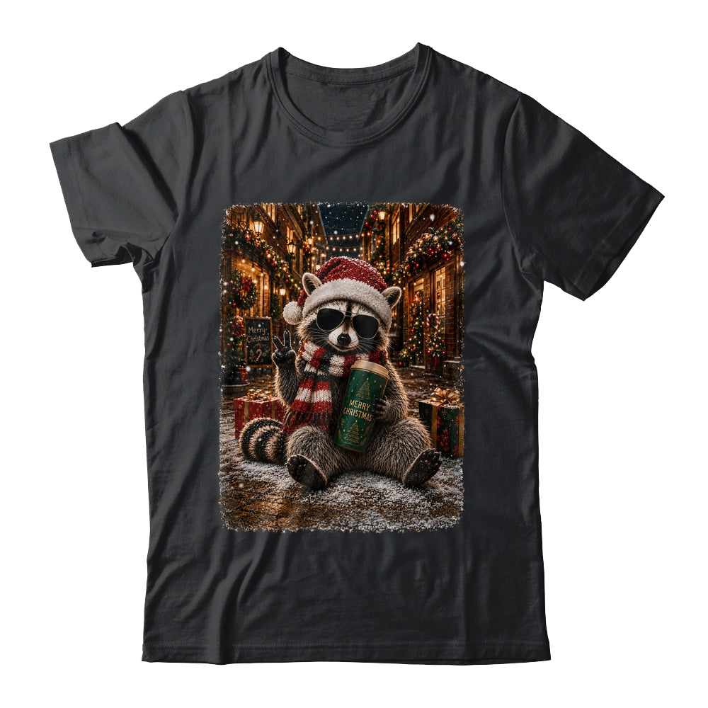 Merry Christmas Raccoon Cute Raccoon Drinking Iced Coffee Shirt & Sweatshirt | siriusteestore