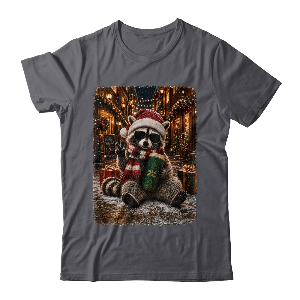 Merry Christmas Raccoon Cute Raccoon Drinking Iced Coffee Shirt & Sweatshirt | siriusteestore