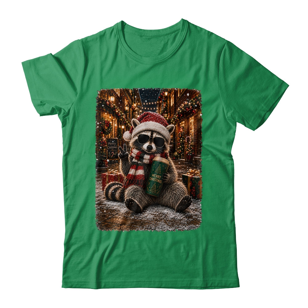 Merry Christmas Raccoon Cute Raccoon Drinking Iced Coffee Shirt & Sweatshirt | siriusteestore