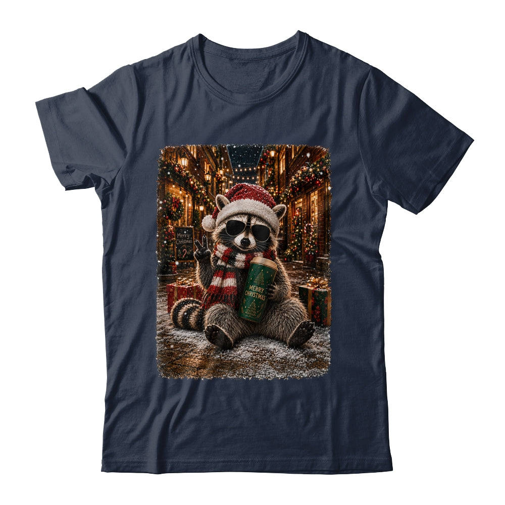 Merry Christmas Raccoon Cute Raccoon Drinking Iced Coffee Shirt & Sweatshirt | siriusteestore
