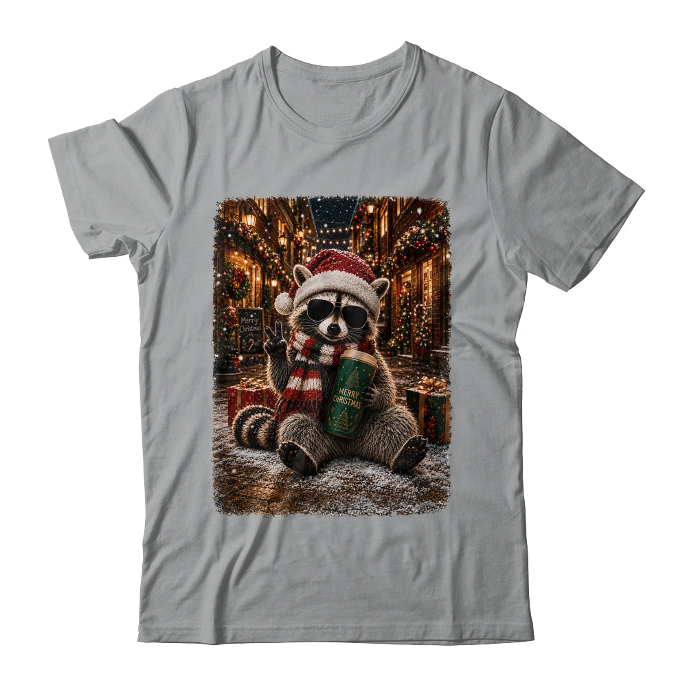 Merry Christmas Raccoon Cute Raccoon Drinking Iced Coffee Shirt & Sweatshirt | siriusteestore
