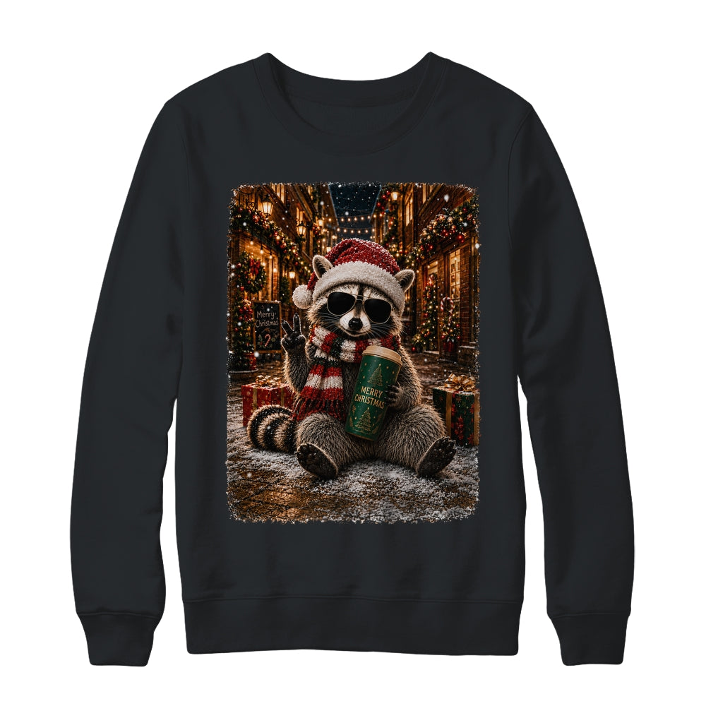 Merry Christmas Raccoon Cute Raccoon Drinking Iced Coffee Shirt & Sweatshirt | siriusteestore