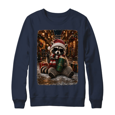 Merry Christmas Raccoon Cute Raccoon Drinking Iced Coffee Shirt & Sweatshirt | siriusteestore