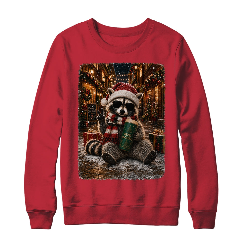 Merry Christmas Raccoon Cute Raccoon Drinking Iced Coffee Shirt & Sweatshirt | siriusteestore