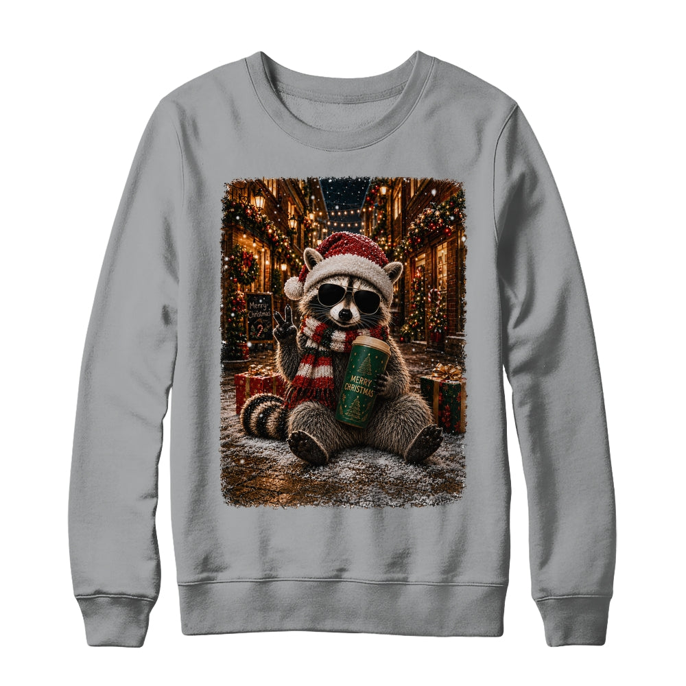 Merry Christmas Raccoon Cute Raccoon Drinking Iced Coffee Shirt & Sweatshirt | siriusteestore