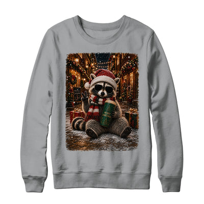Merry Christmas Raccoon Cute Raccoon Drinking Iced Coffee Shirt & Sweatshirt | siriusteestore
