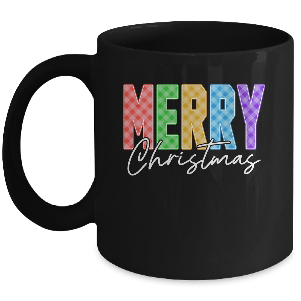 Merry Christmas Red Green Plaid Checkered Holiday Preppy Mug | siriusteestore
