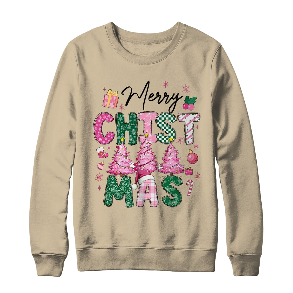 Merry Christmas Tree Pink Christmas Retro Vibes Girls Women Shirt & Sweatshirt | siriusteestore