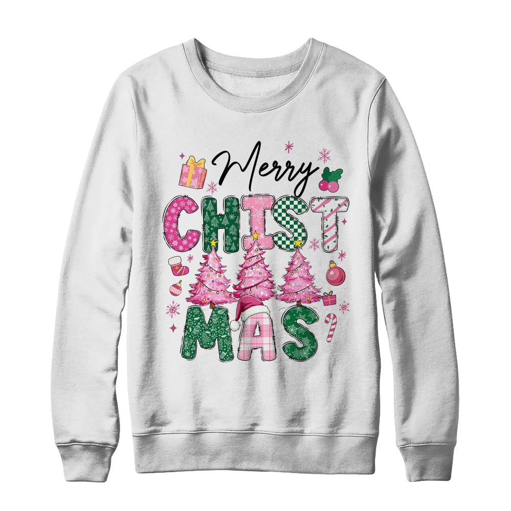 Merry Christmas Tree Pink Christmas Retro Vibes Girls Women Shirt & Sweatshirt | siriusteestore
