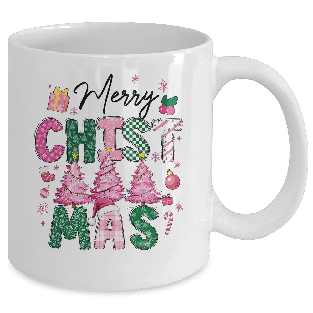 Merry Christmas Tree Pink Christmas Retro Vibes Girls Women Mug | siriusteestore