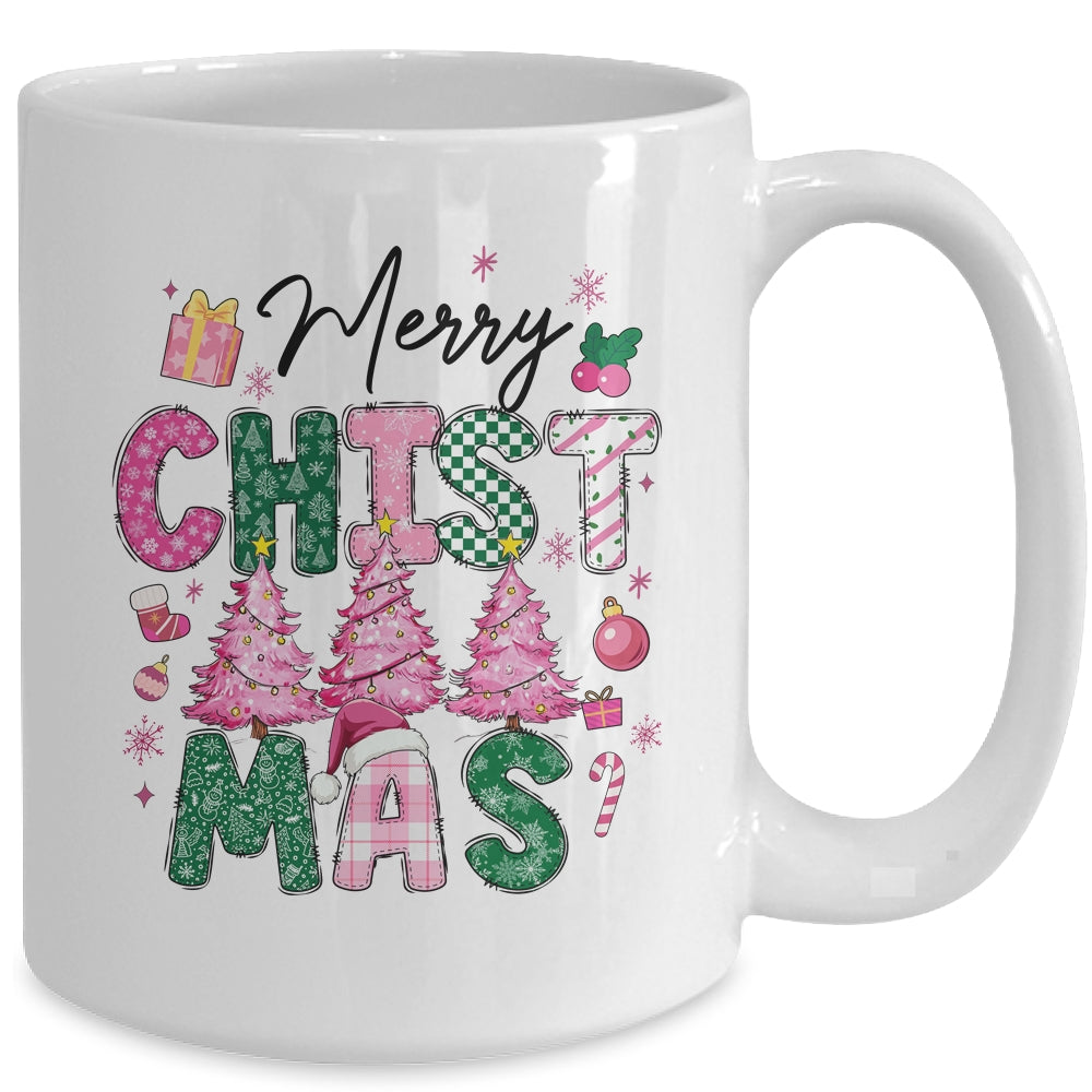 Merry Christmas Tree Pink Christmas Retro Vibes Girls Women Mug | siriusteestore