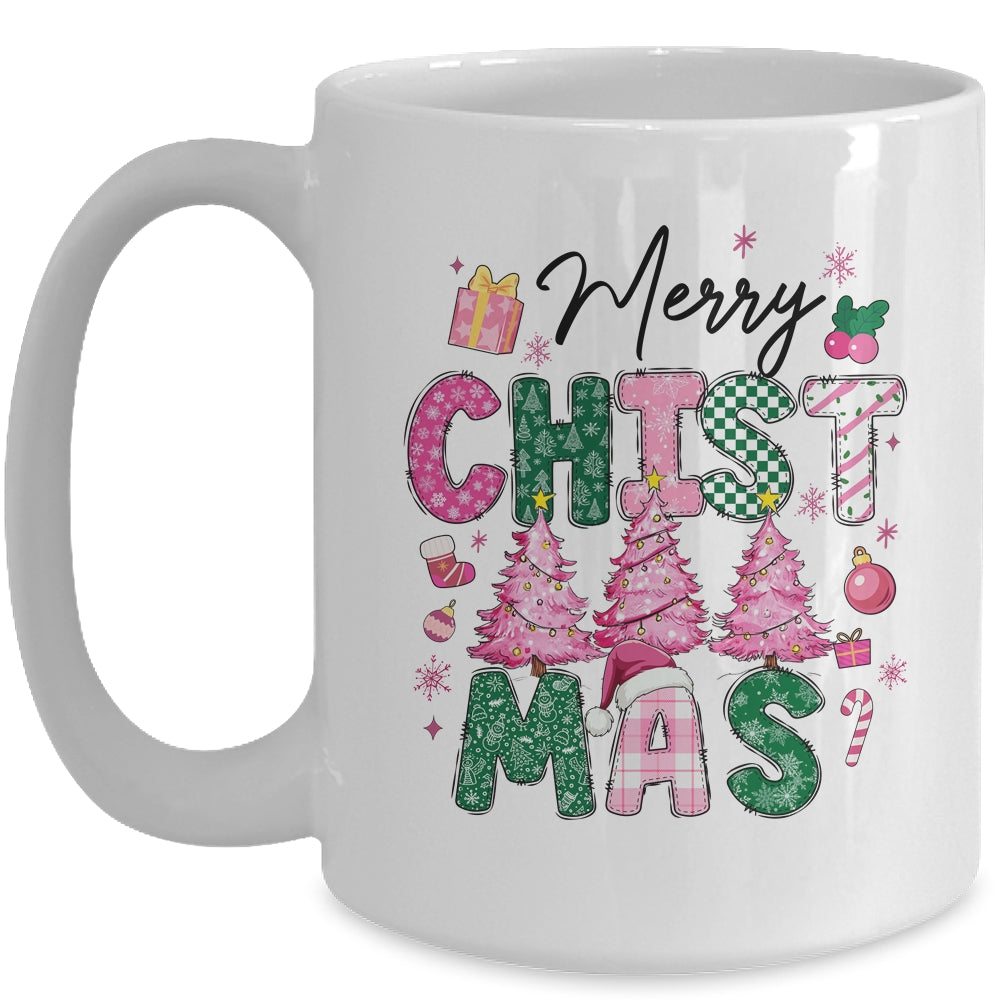 Merry Christmas Tree Pink Christmas Retro Vibes Girls Women Mug | siriusteestore
