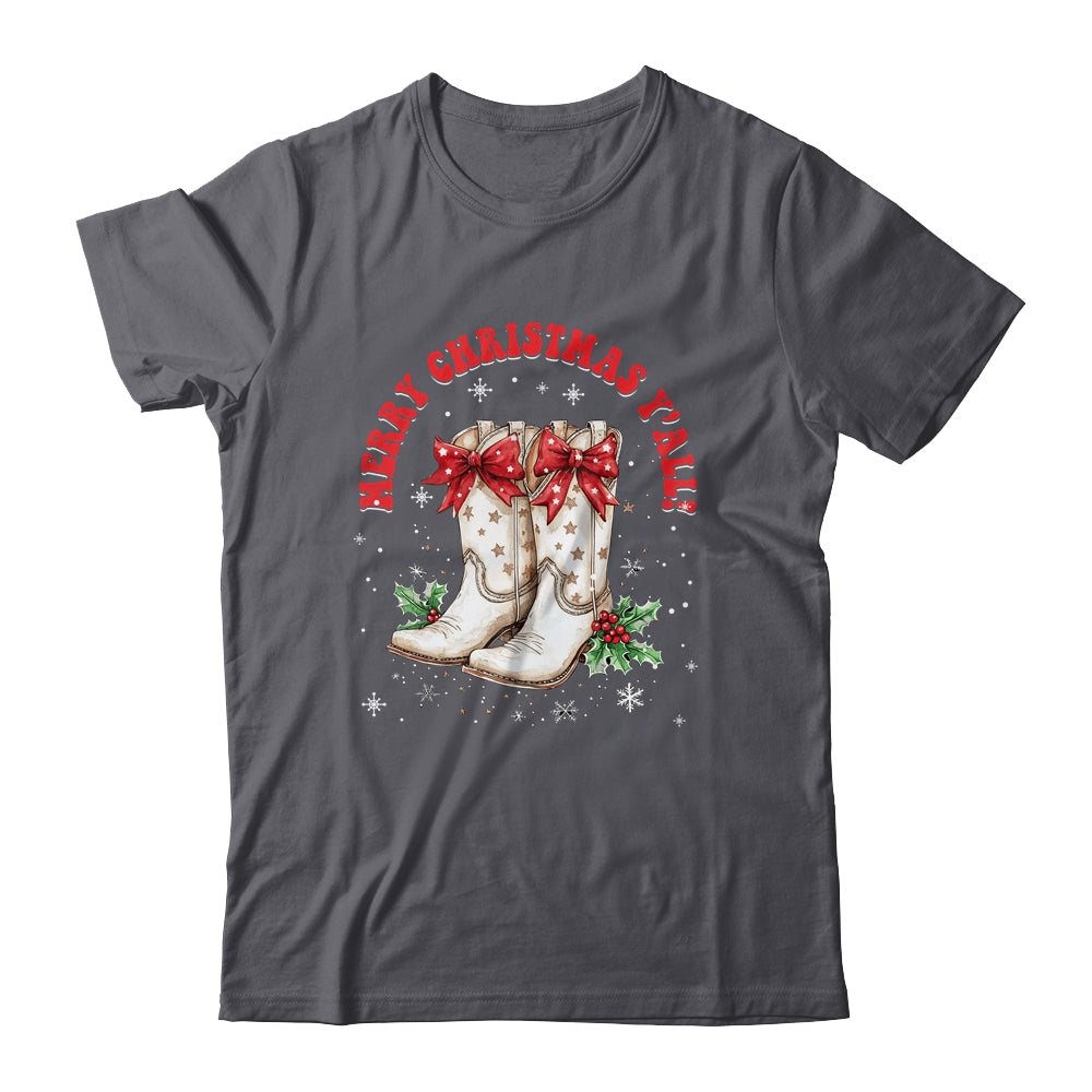 Merry Christmas Y'all Howdy Christmas Boots Cowgirl Coquette Shirt & Sweatshirt | siriusteestore