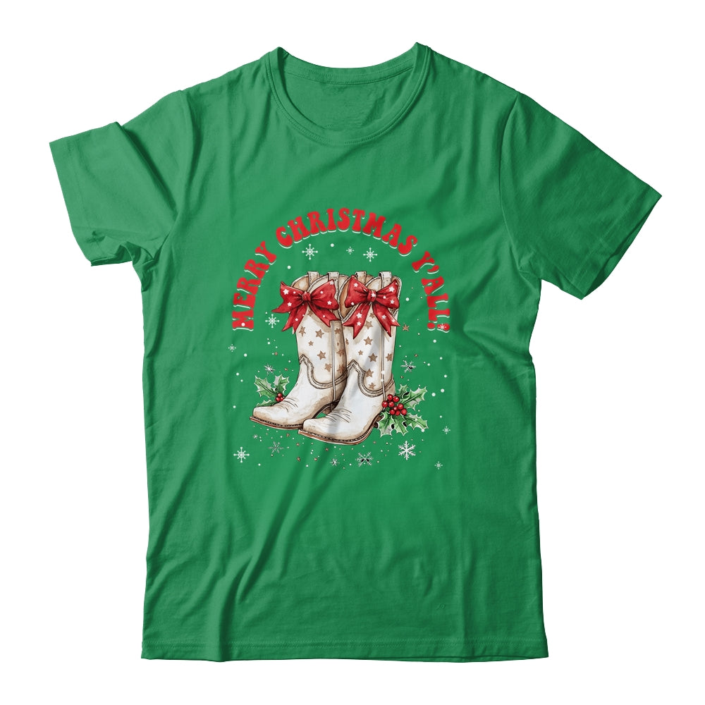Merry Christmas Y'all Howdy Christmas Boots Cowgirl Coquette Shirt & Sweatshirt | siriusteestore